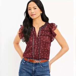 LOFT- Shimmer Floral Velvet Tie Neck Shell with Ruffle Sleeves - EUC